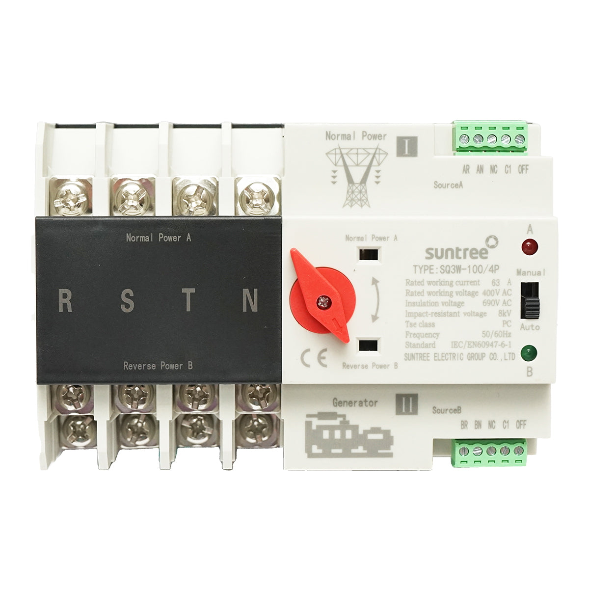 Three-phase ATS switch 400V Dual Power, automatic separator from photovoltaic panels to network ATS-4P-63A Suntree